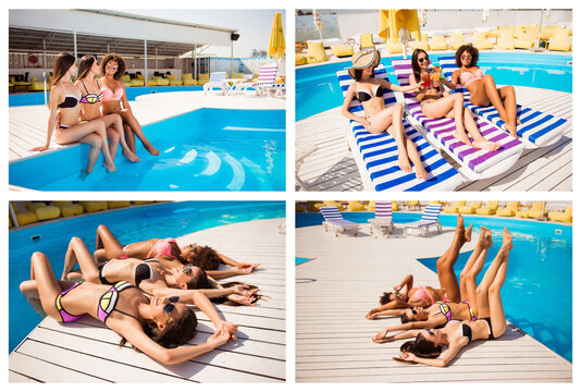 Carefree freedom luxury resort deck chair beauty fashion concept. Photo image collage of beautiful tempting multicultural sensual babes models