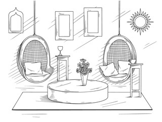 Sketch a cozy living room in boho style. Suspended chairs and various decorative elements. Vector illustration