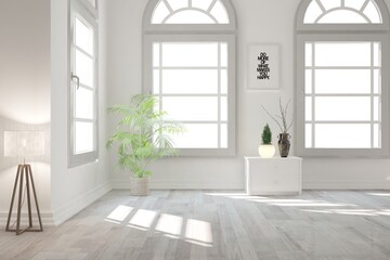 modern empty room with flowers,lamp and white background in windows interior design. 3D illustration