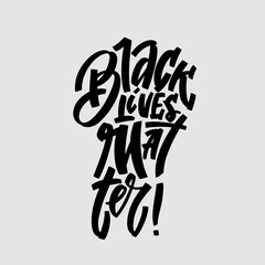 Black lives mattern hand lettering banner in hand silhouette for protest human right of black people in U.S. America. Vector calligraphy illustration on gray background