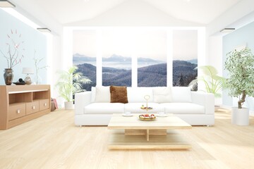 modern room with sofa,pillows,cupboard,table,plants and mountain background in eindows interior design. 3D illustration