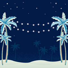 Fototapeta na wymiar Palm trees and hanging decorative lights for a beach party