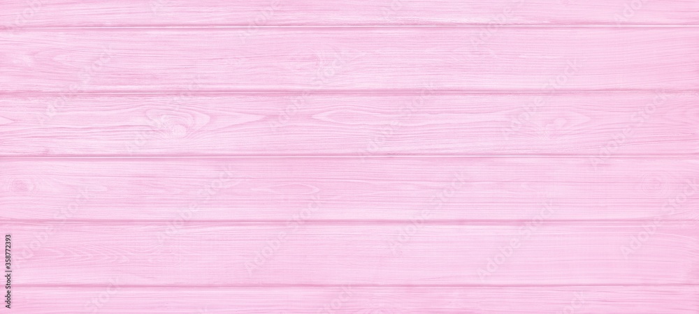 Wall mural Pink painted wooden board wide texture. Pastel rose color wood plank widescreen rustic shabby chic background