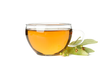 Cup of linden tea isolated on white background
