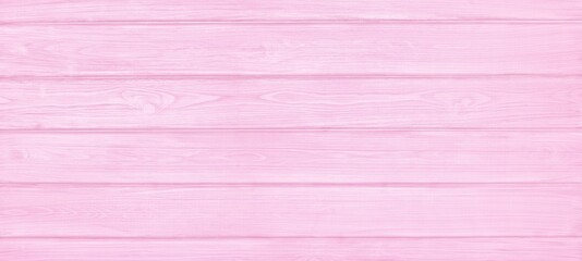 Pink painted wooden board wide texture. Pastel rose color wood plank widescreen rustic shabby chic background