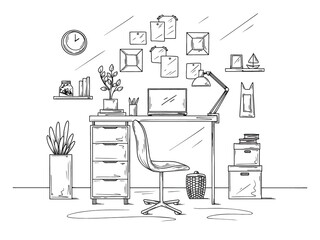 Sketch the room. Office chair, desk, various objects on the table. Sketch workspace. Vector - 358772526
