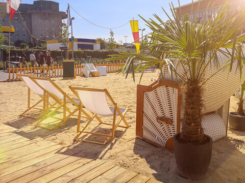 Deck chairs and beach chairs at a beach lounge in hamburg