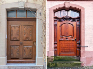 two wooden doors with beautiful decorative wooden trim in the historical part of various European cities