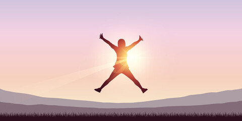 happy girl with raised arms jumps at sunshine vector illustration EPS10