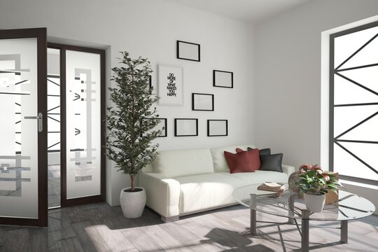 modern room with sofa,plants,table,flowers and white background in windows interior design. 3D illustration