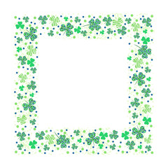 Square frame template with clover leaves and textures. Design with place for text. White background. Vector illustration