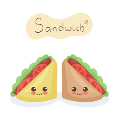 Kawaii Sandwiches vector characters isolated on white background. Funny smiling wheat & rye bread slices with salad, tomatoes & meat. Cute yummy healthy food mascot illustration. Kids menu concept. 