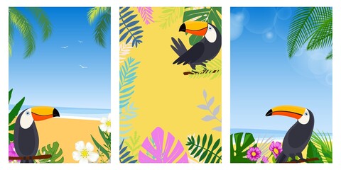 Set card vacation summer. Flat design vector illustration. Summer holidays and beach vacation things and items. Design with exotic leaves, flowers, palms and toucans.