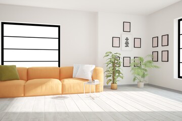 modern room with sofa,pillows,plants,table and white background in windows interior design. 3D illustration