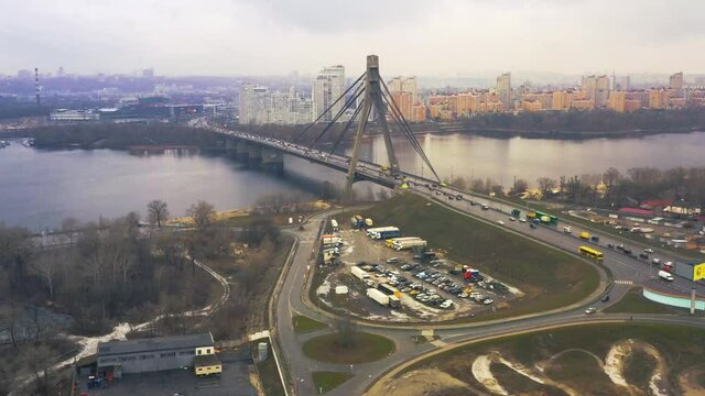 Moscow bridge, Kiev city, aerial photography with panoramic view