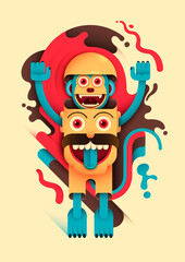Illustration with abstract style composition, made of bizarre human head and comic monkey. Vector illustration.