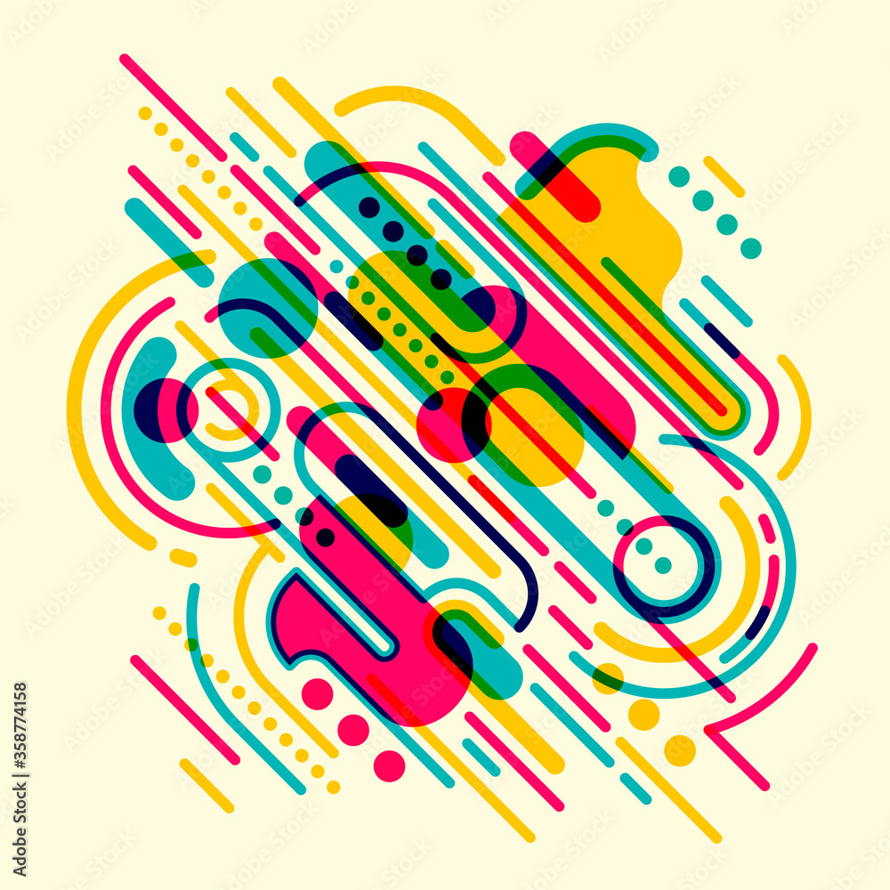 Poster modish style_abstraction in color, with composition made of various rounded shapes and lines. vector