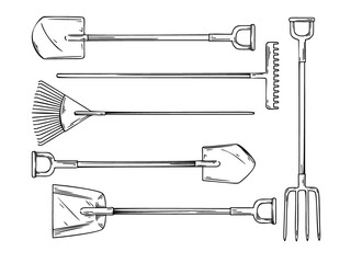 Set of different garden tools. Shovel, rake, pitchfork, spade isolated on a white background. Vector illustration