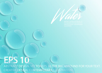 Transparent water drops on a blue background. Realistic illustration. 3D liquid drops
on a light surface. Stock vector.