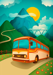 Retro illustration of a travel bus in the nature with mountain and sky. Vector illustration.