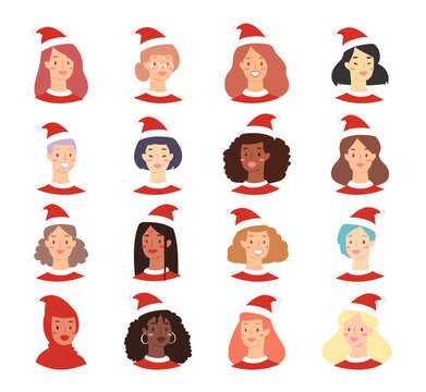 Cartoon Christmas avatar set of cute happy young women with different nationality in Santa hats. Illustration of portrait of smiling hipster girls. Set of modern female emoticons