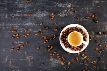 Cup of coffee espresso. Hot drink coffee on dark background