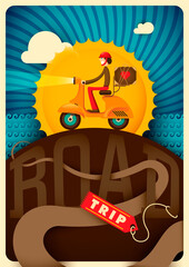 Road trip illustration with comic guy. Vector illustration.