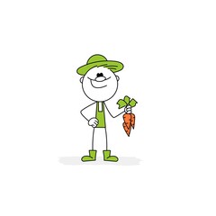 Obraz na płótnie Canvas Doodle stick figure: Gardener shows carrots. Vector.