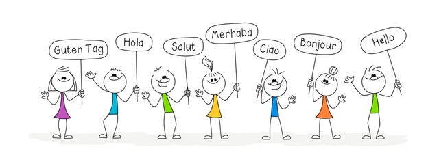 Doodle stick figure: Multilingual greeting. Hello in different languages. Vector. © Anna
