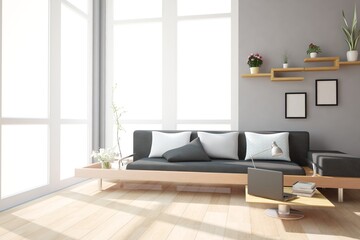 Fototapeta na wymiar modern room with sofa,pillows,flowers and big white windows with white bacground interior design. 3D illustration