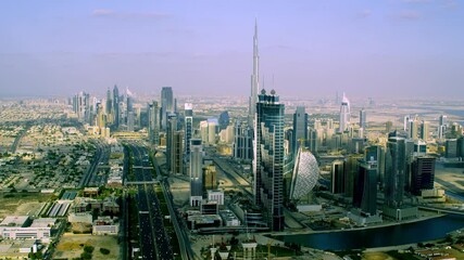 Views of Dubai skyline with high rise hotels offices and apartments from the observation deck in Burj Khalifa, in Dubai, UAE