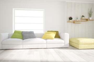 modern room with sofa,pillows,yellow bench,flower and white background in windows interior design. 3D illustration