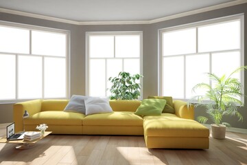 modern room with yellow sofa,pillows,plants and white background in windows interior design. 3D illustration
