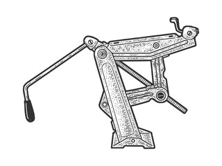 Obraz premium Jack lifting device sketch engraving vector illustration. T-shirt apparel print design. Scratch board imitation. Black and white hand drawn image.