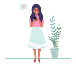 Girl with a phone in a flat style. Woman looking at the phone on the background of plants. Vector