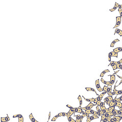 Chinese yuan notes falling. Small CNY bills on whi