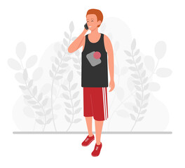 The guy with the phone isolated on a white background in a flat style. Vector