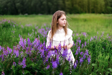 Fototapeta na wymiar A little girl in a white dress with beautiful flowers in the field in summer. Concept of happy childhood. Copy space for text