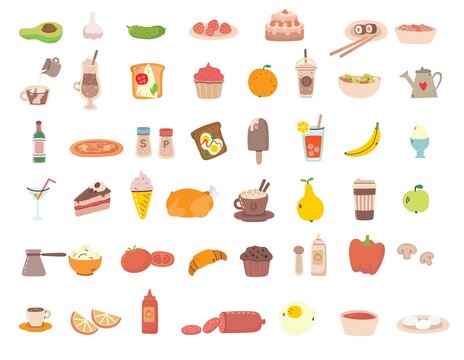 Big set of tasty food and drink related objects and icons. For use on poster, banner, card and pattern collages.