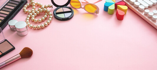 Essentials fashion female accessories on pink background