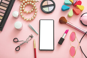 Obraz na płótnie Canvas Fashion female blog. Women accessories against pink color background,