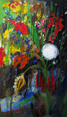 Yellow and red tulips, tiger lilies, faded dandelion in a vase in the rain, expressionism, oil painting