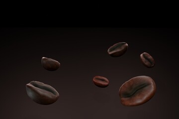 Close up of Coffee Beans on black dark background 3d rendering