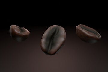 Close up of Coffee Beans on black dark background 3d rendering