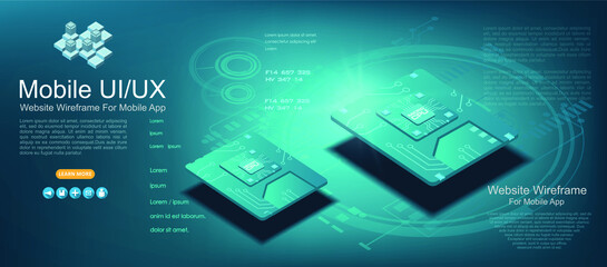 Futuristic microchip processor in isometric view. The concept of technology development of mobile sim cards. Futuristic microprocessor background with SIM card slot