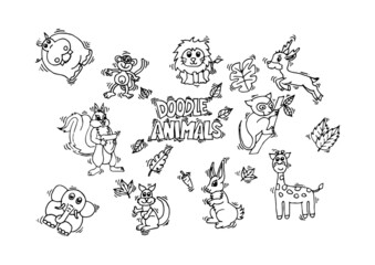 Vector illustration of cute animal including hippopotamus, monkey, lion, deer, tarsius tarsier, giraffe, rabbit, kangaroo, elephant and squirrel.