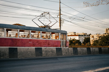 Fototapeta na wymiar Red retro tram in Volgograd during the epidemic of the coronavirus