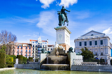 Fototapeta na wymiar It's Philip IV monument in Plaza de Oriente, Madrid, Spain. Philip IV was a king of Spain