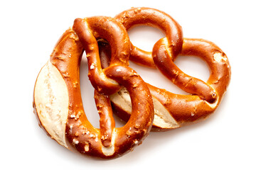Freshly baked pretzels on a white background