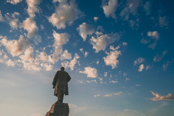 The world's largest monument to Lenin in Volgograd at sunset
